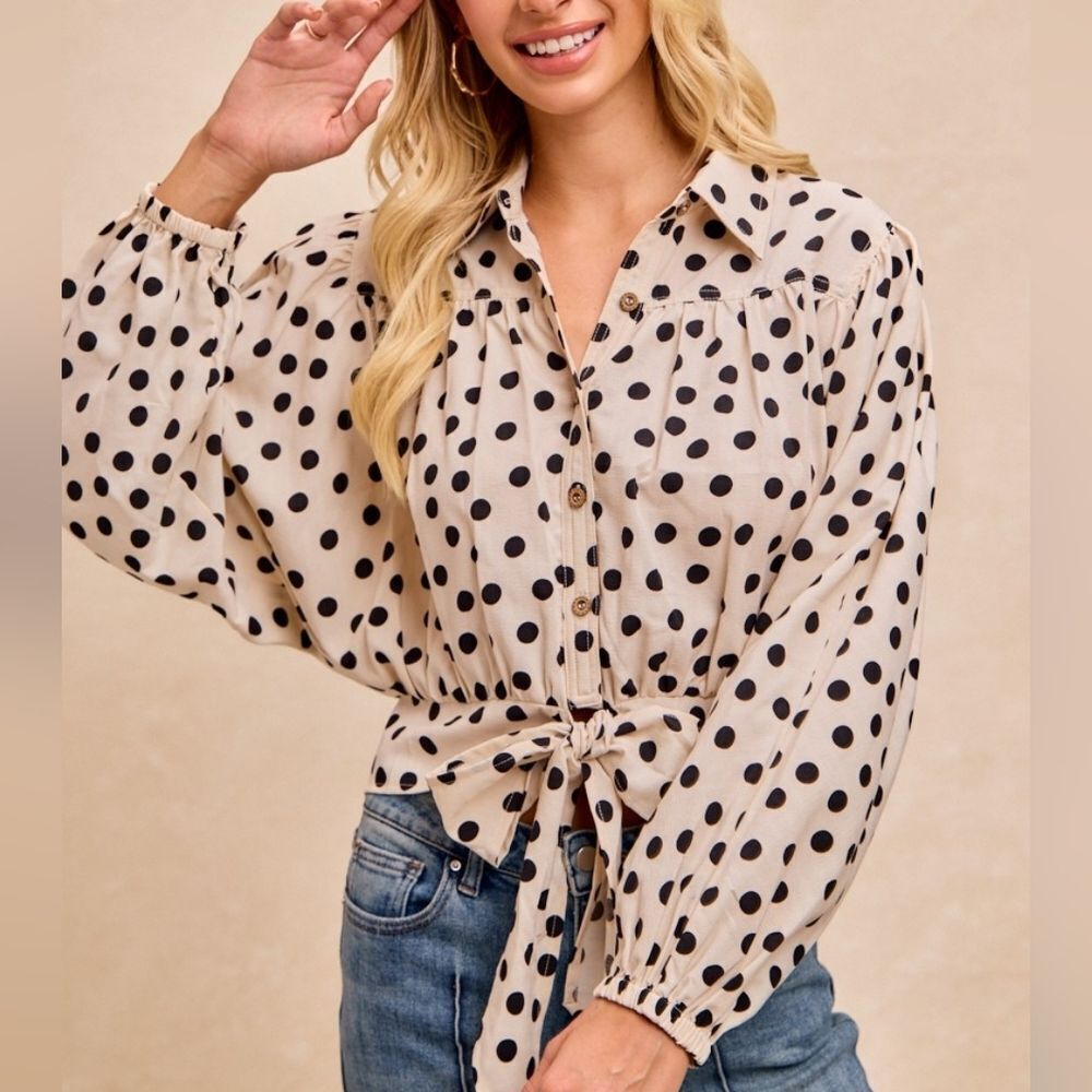 BiBi Polka Dot Bow Tie Hem Crop Shirt Retro Button-Up Blouse sz XL